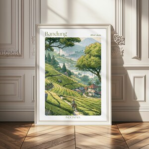 Reiseposter Bandung, Indonesien; Wandbild einer Teeplantage in Westjava; tropischer Landschaftsdruck; indonesische Naturdekoration; Reisegeschenk