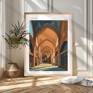 May include: A framed art print featuring an illustration of the Tabriz Bazaar in Iran. The artwork showcases a long, arched corridor with shops and stalls, rendered in warm tones of orange, brown, and blue. The word "Tabriz" is at the top.
