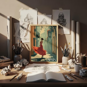 K&ouml;nnte beinhalten: Ein gerahmter Kunstdruck, der eine Person in einem roten Kleid in einer engen Gasse zeigt, mit dem Wort SPAIN am unteren Rand. Der Druck steht auf einem Schreibtisch, umgeben von Kunstbedarf wie Pinseln, Stiften und Papier.