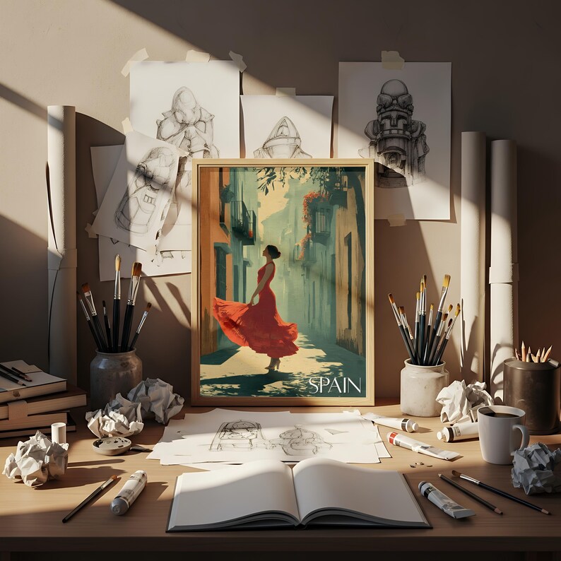 K&ouml;nnte beinhalten: Ein gerahmter Kunstdruck, der eine Person in einem roten Kleid in einer engen Gasse zeigt, mit dem Wort SPAIN am unteren Rand. Der Druck steht auf einem Schreibtisch, umgeben von Kunstbedarf wie Pinseln, Stiften und Papier.