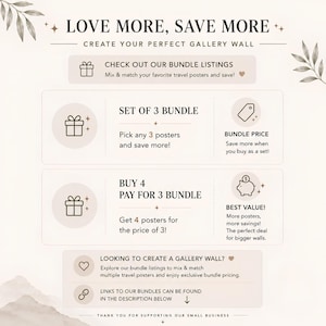 The image is a promotional graphic for a business that sells travel posters. It features a set of three bundle options, including a set of three posters, a set of three posters, and a set of three posters, along with a "Bundle Price" and a "Best Value" option. The image also includes a "Love More, Save More" slogan and a "Check Out Our Bundle Listings" button, encouraging customers to mix and match their favorite travel posters and save more.