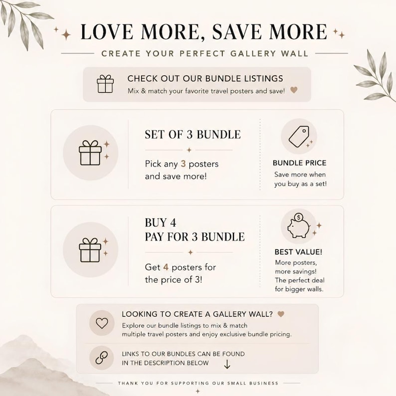 The image is a promotional graphic for a business that sells travel posters. It features a set of three bundle options, including a set of three posters, a set of three posters, and a set of three posters, along with a "Bundle Price" and a "Best Value" option. The image also includes a "Love More, Save More" slogan and a "Check Out Our Bundle Listings" button, encouraging customers to mix and match their favorite travel posters and save more.