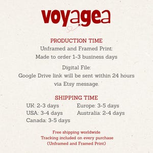 text providing information about the production and shipping times for a product, including details about the shipping times for different countries and the shipping time for an Unframed and Framed Print.