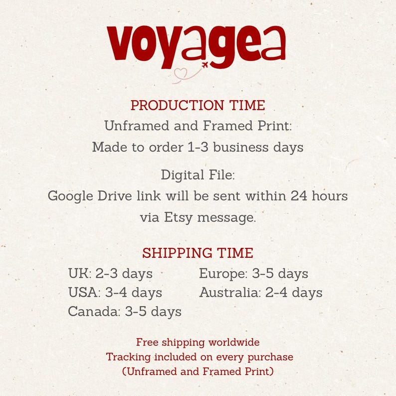 text providing information about the production and shipping times for a product, including details about the shipping times for different countries and the shipping time for an Unframed and Framed Print.
