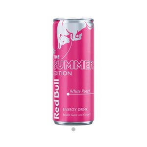 Peut inclure: Une canette rose de boisson énergisante Red Bull avec un dessus argenté. La canette affiche "THE SUMMER EDITION" et "White Peach". Le logo Red Bull est blanc. Les mots "ENERGY DRINK" sont également visibles.