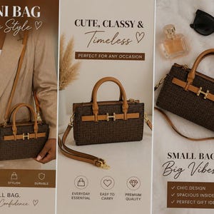 May include: A brown mini bag with a repeating pattern, featuring tan accents and a gold-colored clasp. The bag has a top handle and a detachable shoulder strap. Text on the image reads "Mini Bag, Big Style" and "Small Bag, Big Vibes."