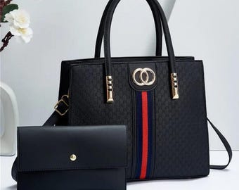 Structured Black Handbag Set with Matching Wallet, Luxury Tote Shoulder Purse