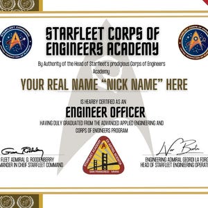 Engineer Officer Custom Starfleet Academy Diploma | Trek Inspired Diploma Certificate | Printable Gift | Instant Download