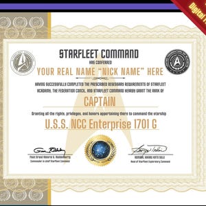 Geïnspireerd Starfleet Captain-certificaat | Trek Custom Rank-promotiecommissie | Verzamelbaar afdrukbaar | Direct downloaden