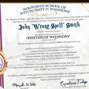 Harry Potter Inspired Wizard Certificate | Hogwarts Personalized Magical Academy Diploma | Printable Gift | Instant Download