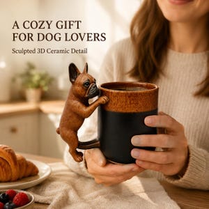 May include: A two-toned ceramic mug featuring a sculpted 3D brown French Bulldog figure attached to the side. The mug has a dark brown upper rim and a black base. Text on the image reads: A COZY GIFT FOR DOG LOVERS, Sculpted 3D Ceramic Detail.