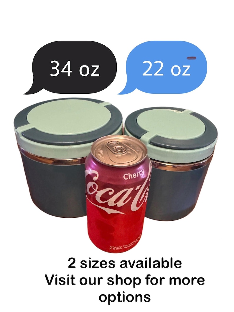 May include: Two insulated containers, one labeled 34 oz and the other 22 oz, sit next to a Cherry Coca-Cola can. The containers are teal with light green lids. Text at the bottom reads "2 sizes available".