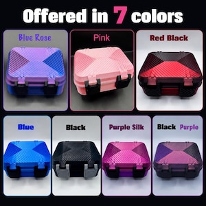 May include: Seven square storage cases with carbon fiber texture patterns and black latches. The colors include blue rose, pink, red black, blue, black, purple silk, and black purple. The text at the top reads Offered in 7 colors.