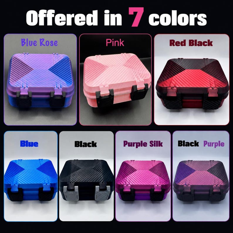 May include: Seven square storage cases with carbon fiber texture patterns and black latches. The colors include blue rose, pink, red black, blue, black, purple silk, and black purple. The text at the top reads Offered in 7 colors.