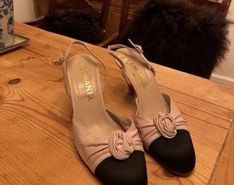 Vintage Chanel Beige and Black Slingback Heels