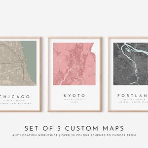 Impressões de mapas, 3 mapas personalizados, mapas personalizados, impressão de mapas personalizados, impressões de mapas, impressões de mapas de cidades personalizados, qualquer local personalizado, arte de pôster de cidade