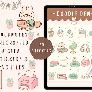 Könnte beinhalten: Digitales Sticker-Set für GoodNotes mit einem niedlichen Hasen-Thema. Enthält 20 vorgeschnittene Sticker und PNG-Dateien. Die Sticker zeigen Homeoffice-Elemente, Pflanzen und einen Drucker, alles in sanften Pastellfarben.