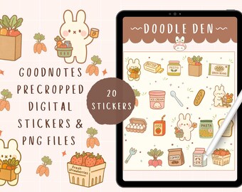 May include: Digital sticker set for GoodNotes with a cute bunny theme. The set includes 20 precropped stickers and PNG files. The stickers feature food items like strawberries, carrots, and pasta, and the text "DOODLE DEN".