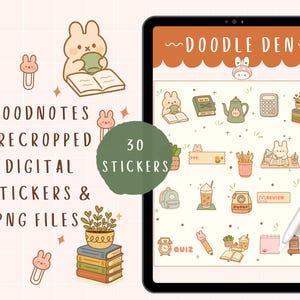 Può includere: Adesivi digitali e file PNG per GoodNotes. L'immagine presenta un tablet con simpatiche illustrazioni di un coniglietto, libri, una teiera e articoli di cancelleria. Il testo sull'immagine dice "DOODLE DEN" e "30 Stickers".
