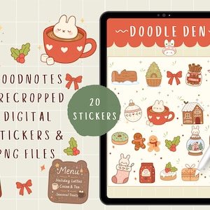 May include: Digital sticker set featuring cute illustrations of coffee, cocoa, and holiday treats. The set includes a tablet displaying stickers, a coffee drink, a mug with a bunny, and text that reads "GOODNOTES PRECROPPED DIGITAL STICKERS & PNG FILES".