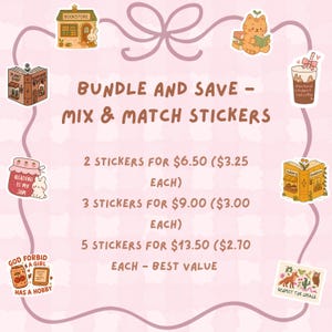 May include: A collection of colorful stickers with a pink background. The stickers feature illustrations of a bookstore, a cat reading, a coffee drink, a jar of jam, and other designs. Text on the image reads "BUNDLE AND SAVE - MIX & MATCH STICKERS".