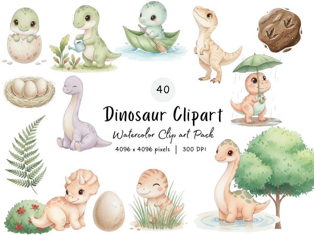 Baby Dinosaur Clipart PNG Cute Watercolor Dinosaur Clipart for Nursery ...