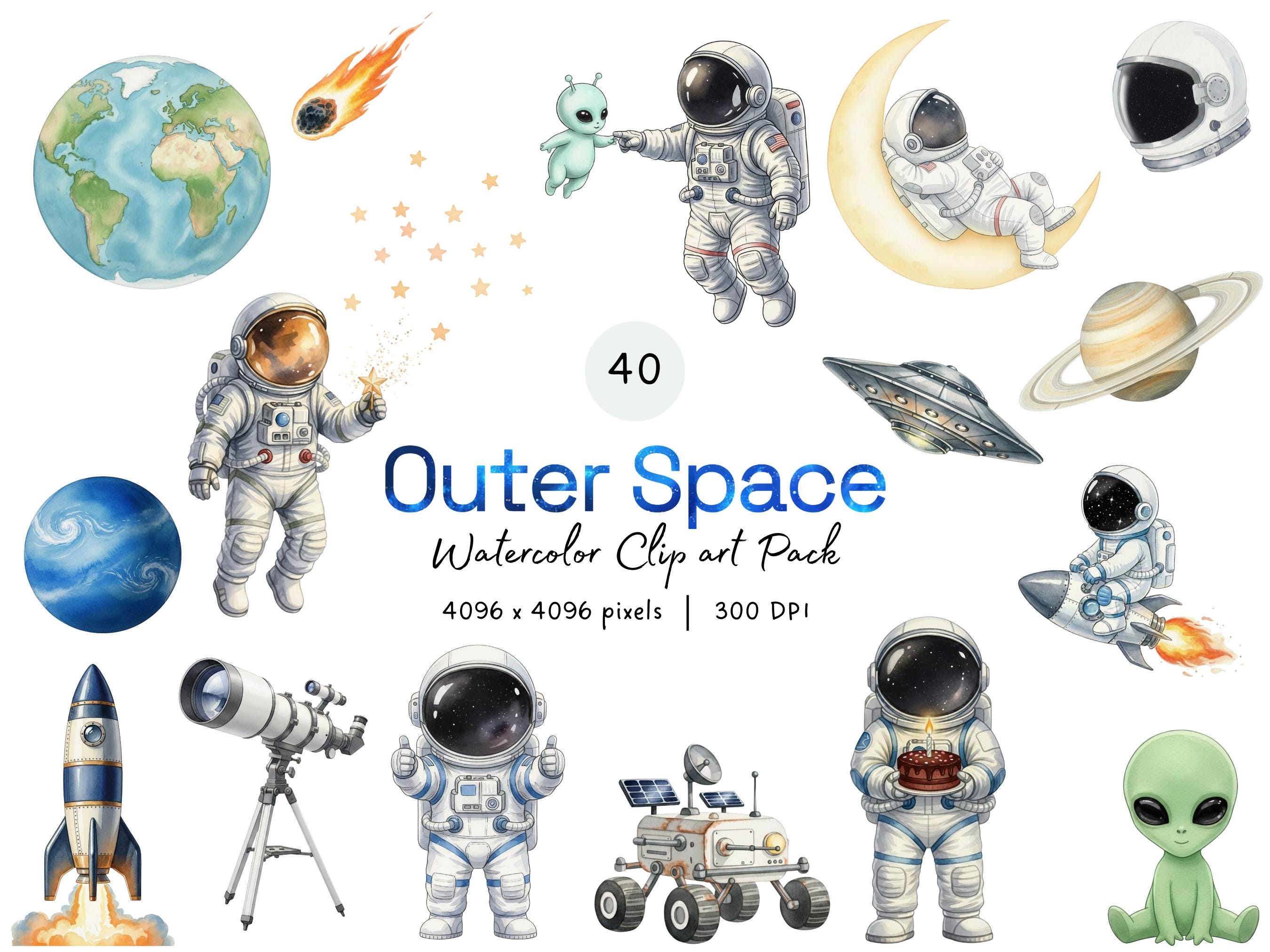 Watercolor Space Clipart Bundle Cute Astronaut and Planets PNG Outer ...