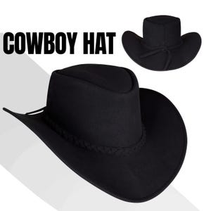 May include: Black cowboy hat with a braided band around the crown and a wide brim. The image includes the text "COWBOY HAT" in bold, white letters. A second hat is shown in the upper right corner.