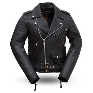 May include: A black leather motorcycle jacket with a classic asymmetrical zip closure. The jacket features a notched collar, multiple zippered pockets, a small coin pocket, and a belt with a buckle at the waist. Silver-toned hardware accents the jacket.