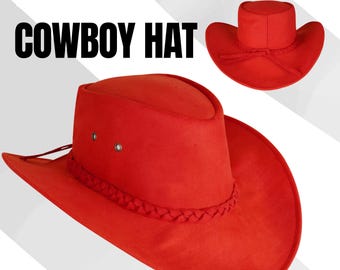 Red Felt Cowboy Hat | Braided Western Ranch Style, Wide Brim Unisex Festival Accessory