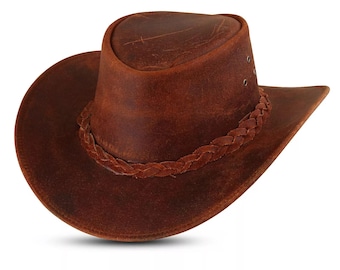 May include: A brown leather cowboy hat with a wide brim and a braided leather band around the crown. The hat has a distressed finish, giving it a rugged, worn appearance. The hat is designed for sun protection and outdoor activities.