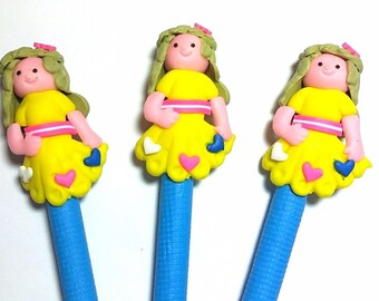 New Cute Handmade Polymer Clay Writing Pen Cartoon Girl with hearts