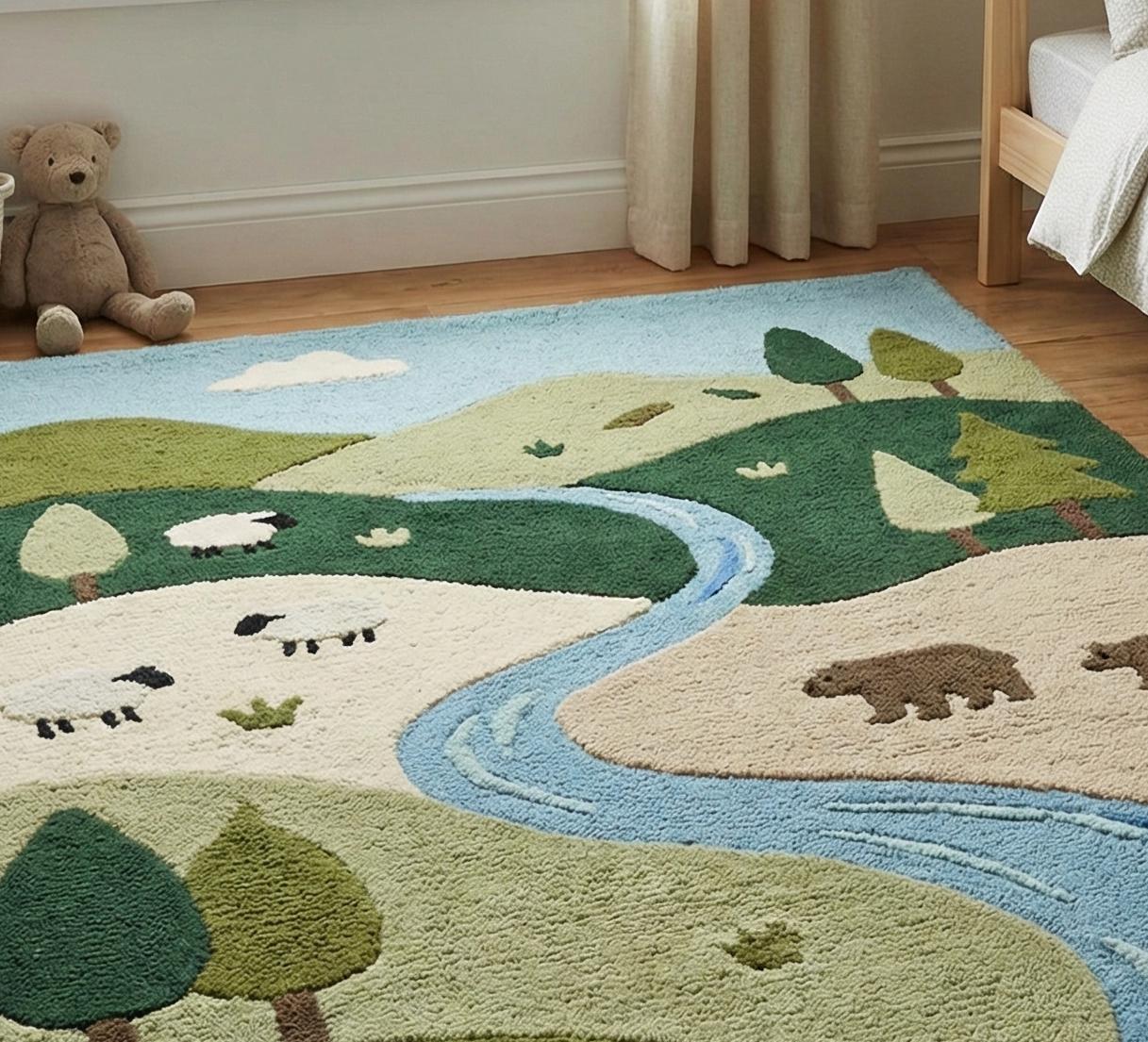 Kids Ranch Rug Handcrafted Nature Landscape Kids Rug | Premium Wool River Theme ...