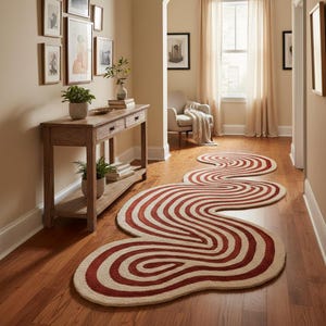 Può includere: Un tappeto runner per corridoio con un design unico e fluido. Il tappeto presenta strisce alternate rosse e crema. Il tappeto è realizzato in un materiale tessuto e posizionato su un pavimento in legno.