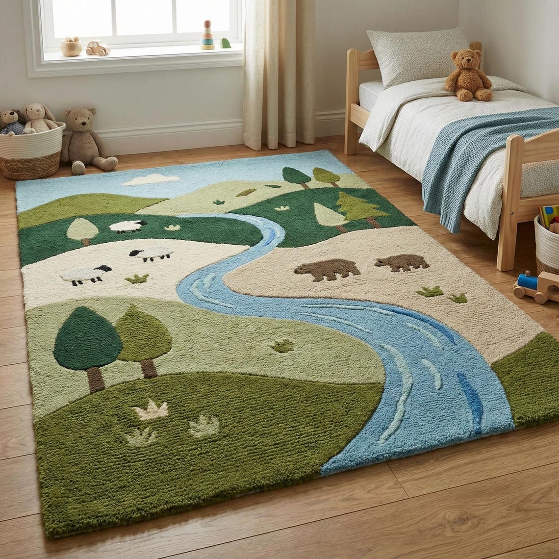 Handcrafted Nature Landscape Kids Rug | Premium Wool River Theme ...