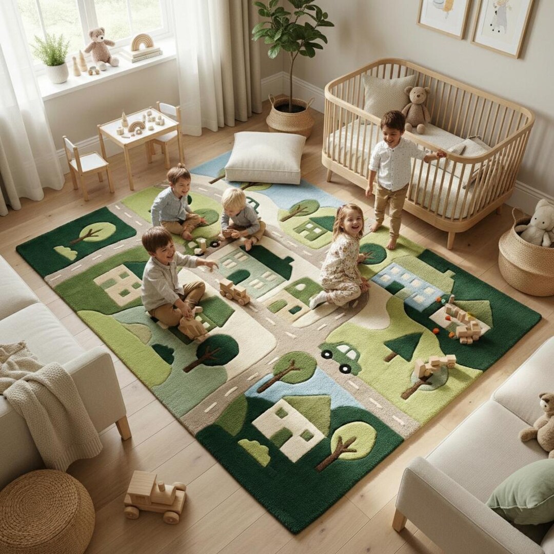 Play Area Rug Design Children’s Town Design Wool Rug | Playful Village Pattern Hand Tufted ...