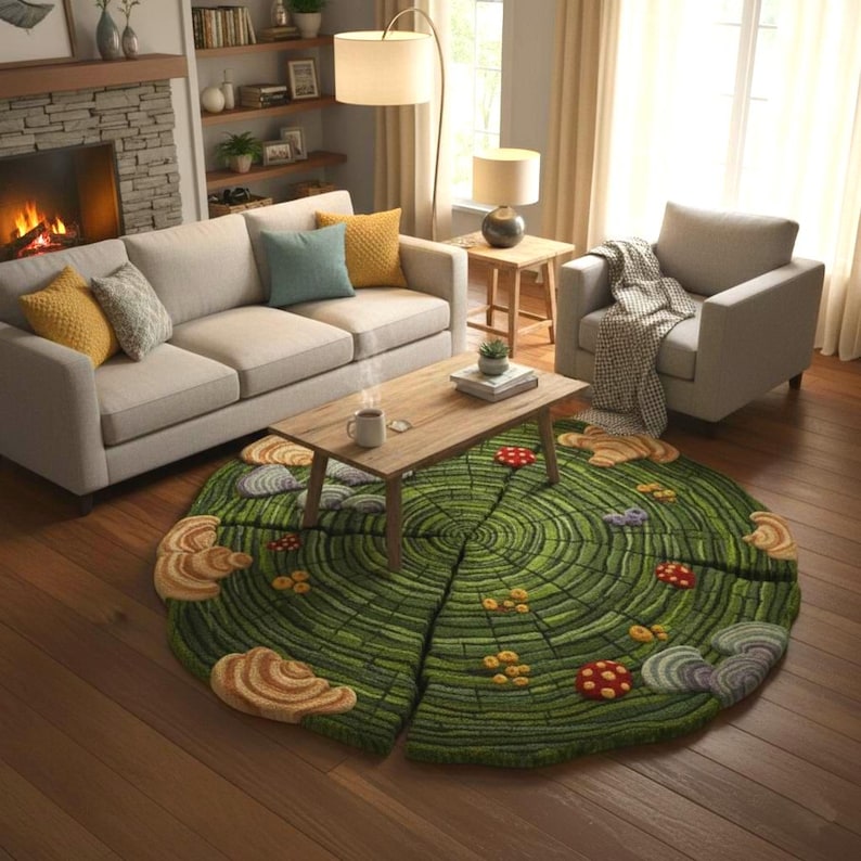 Round Tree Ring Rug Whimsical Tree Ring Floor Rug | Nature-inspired Mushroom & Fungi Rug ...