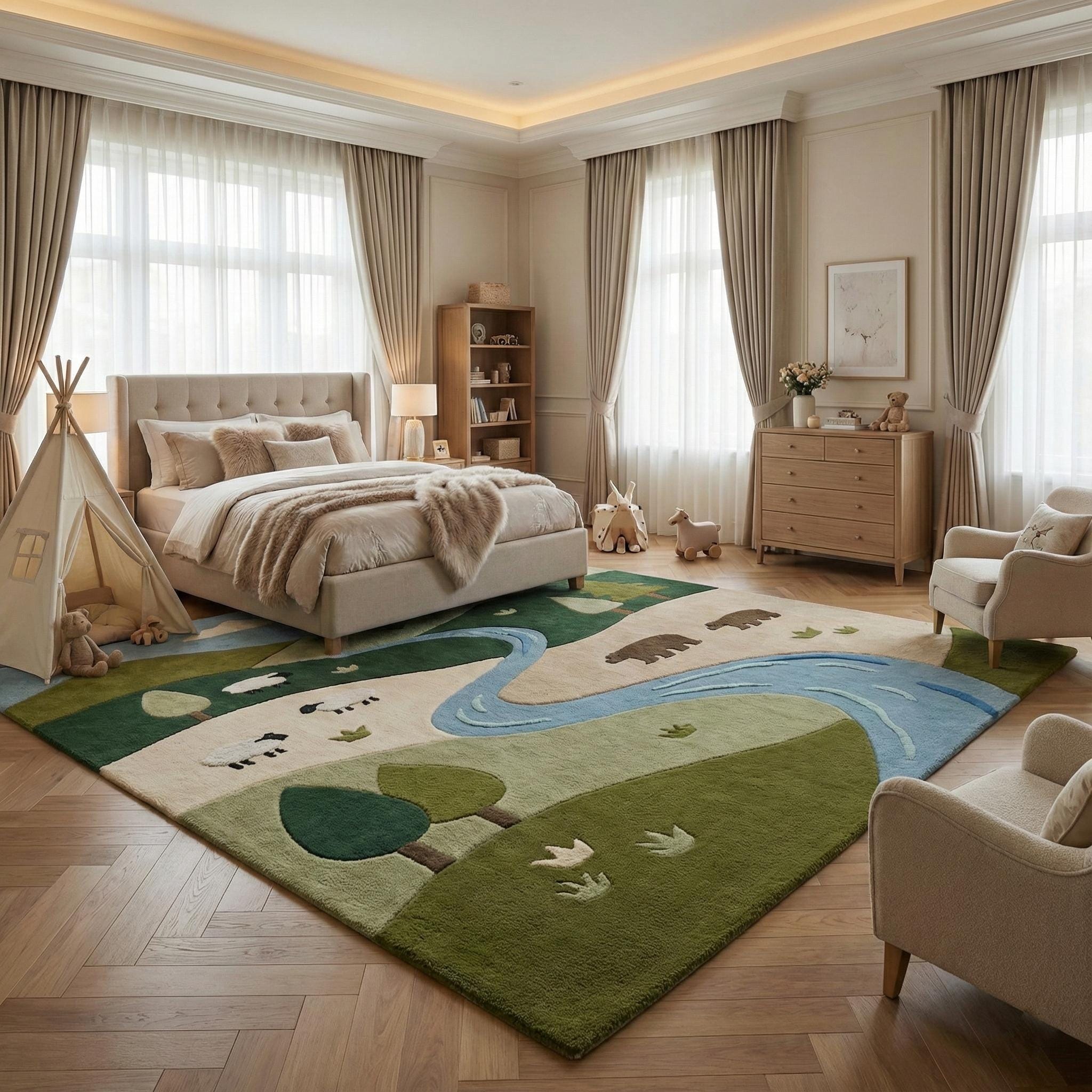 Kids Ranch Rug Handcrafted Nature Landscape Kids Rug | Premium Wool River Theme ...