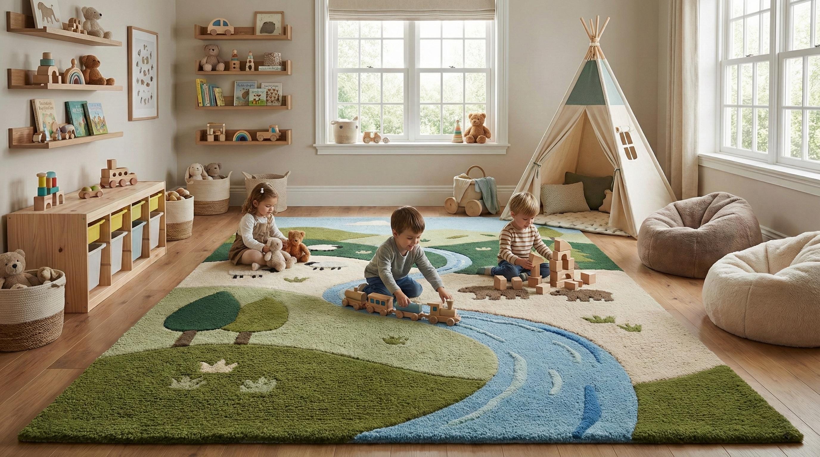 Kids Ranch Rug Handcrafted Nature Landscape Kids Rug | Premium Wool River Theme ...
