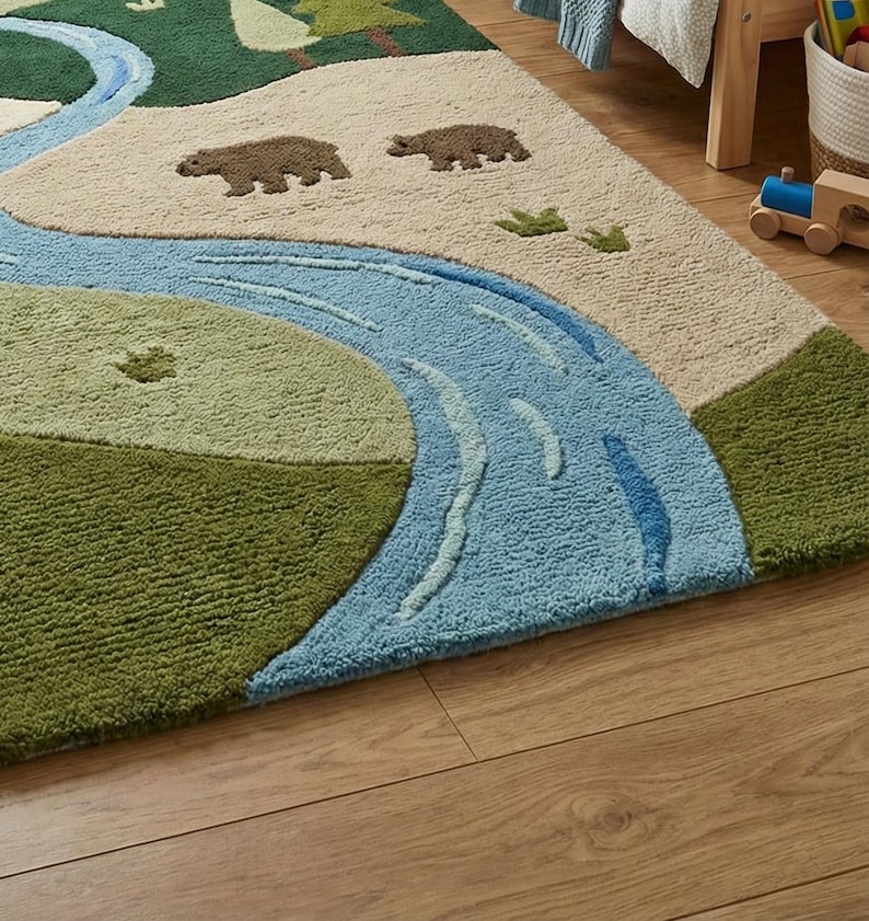 Kids Ranch Rug Handcrafted Nature Landscape Kids Rug | Premium Wool River Theme ...