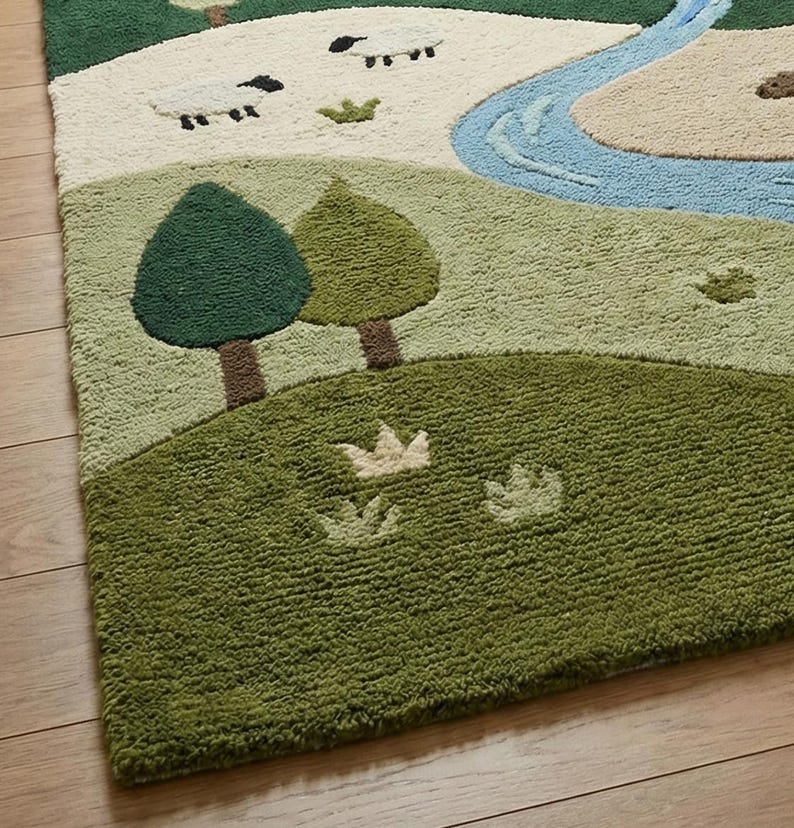 Kids Ranch Rug Handcrafted Nature Landscape Kids Rug | Premium Wool River Theme ...