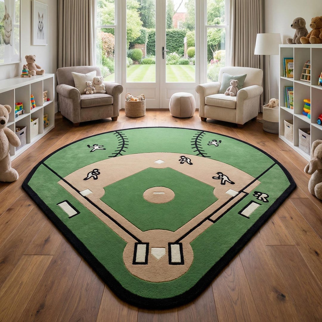 Baseball Rug Drawing Hand Tufted Baseball Field Wool Rug | Kids Playroom Baseball Theme Wool ...