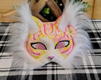 Handmade Pink and Yellow Therian Cat Mask | Fluffy White Faux Fur Feline Mask with Floral Accent | Custom One-of-a-Kind Cosplay