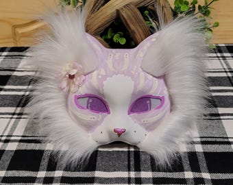 Lavender & White Fluffy Cat Mask | Handmade Therian Mask with Flowers | Faux Fur Feline Cosplay | Warrior Cat Alterhuman Gear | Quadrobics