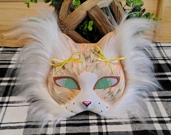 Handcrafted Diluted Calico Cat Mask | Realistic Therian Faux Fur Mask | Calico Cat Cosplay Mask with Yellow Bows | Custom Tabby Cat Mask