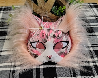 Calico Cat Therian Mask - Pink & White Hand Painted Fursuit - Fluffy Faux Fur Animal Mask for Cosplay, Quadrobics Gear, and Otherkin Gift