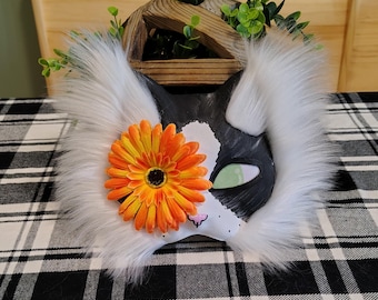Handmade Tuxedo Cat Therian Mask with White Faux Fur & Orange Flower | Realistic Custom Kitty Quadrobics Mask, Cosplay Halloween Costume Eye
