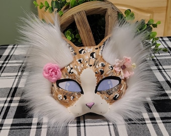 Handmade Therian Cat Mask with Faux Fur, Custom Calico Leopard Painted Mask, Therian Gear Furry Fursuit Head, Cosplay Mask with Flowers