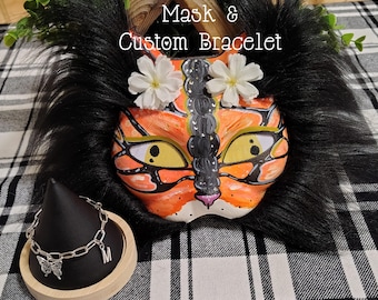Monarch Butterfly Cat Therian Mask -  Furry Feline Cosplay with 3D Flowers and Mesh Eyes - Unique Orange & Black Butterfly Cat Costume
