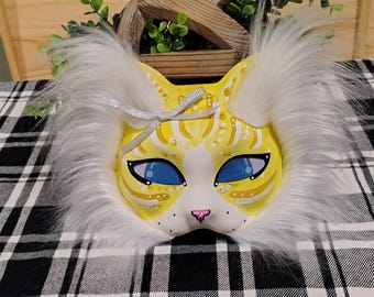 Handmade Yellow Tabby Therian Cat Mask | Fluffy White Faux Fur Feline Gear | Custom Cosplay Mask for Furries & Alterhumans | One-of-a-Kind